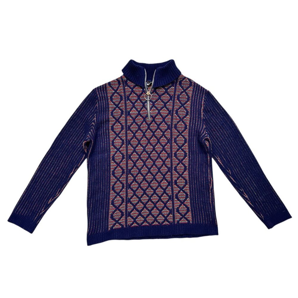 70s vintage quarter zip sweater o-ring rainbow knitted pattern turtleneck.